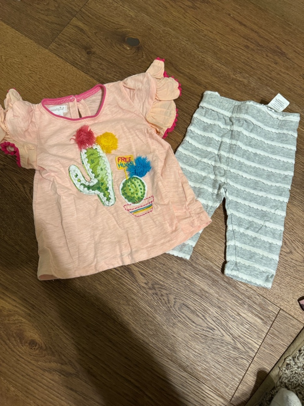 Mud Pie Peach Top and Gray Striped Leggings Kids Matching Set